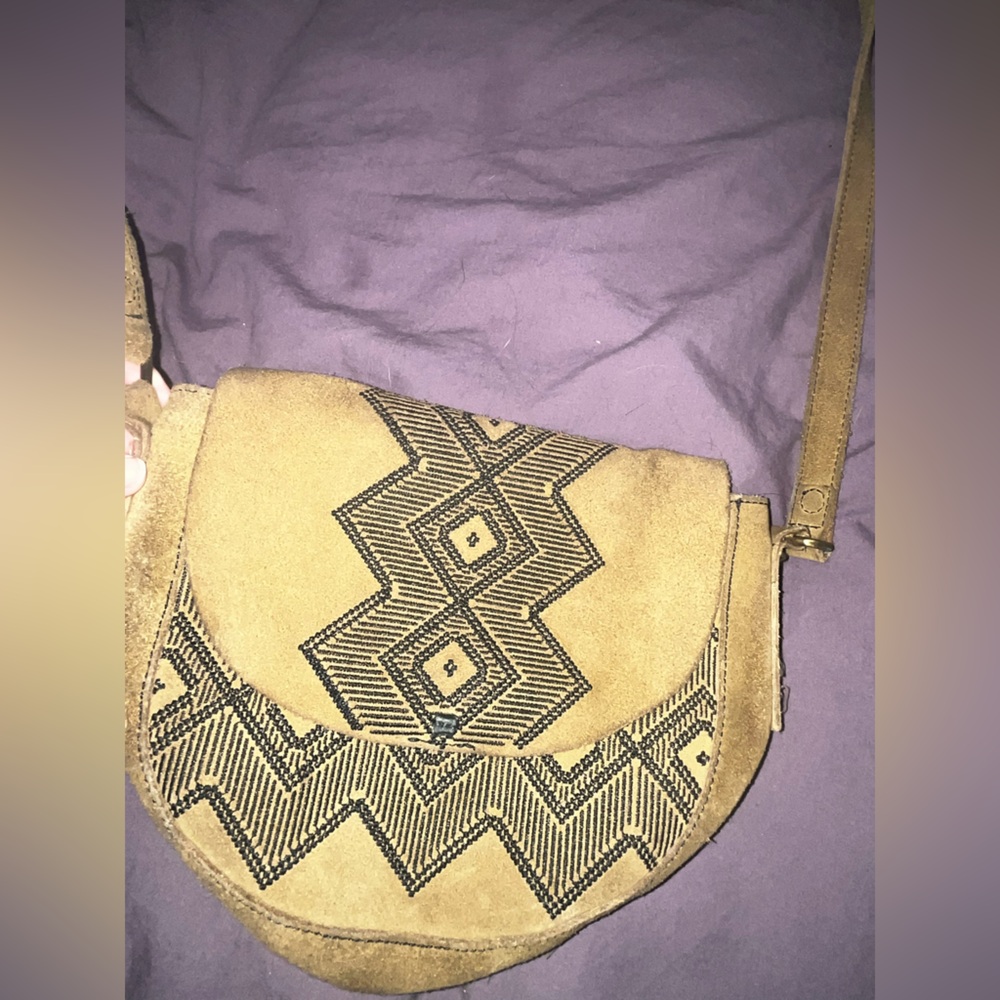 Suede Embroidered Crossbody Bag in Tan